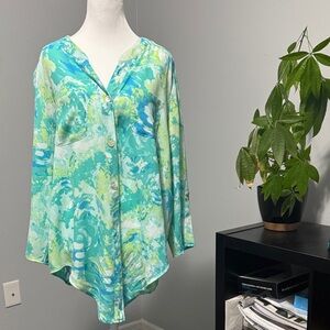 Ruby Rd. Vibrant Aqua and Lime Button-Down Shirt